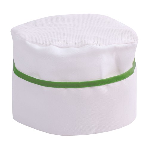 30% cotton/70% polyester white chef s hat with coloured edges. One size