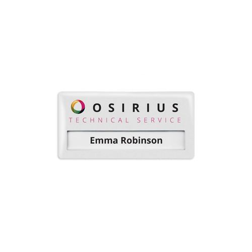 Badge Mae, Rectangular, 74 x 40 mm, Needle, Doming in full color