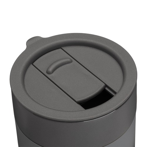 300 ml silicone-coated ceramic mug. Removable PP cap with sliding opening