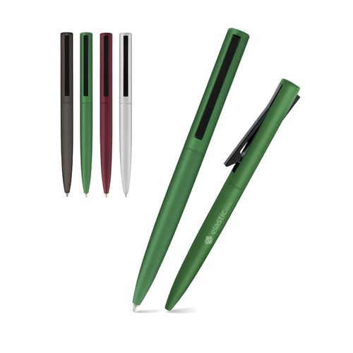 Bolígrafo de tinta azul con cuerpo de aluminio y clip de metal