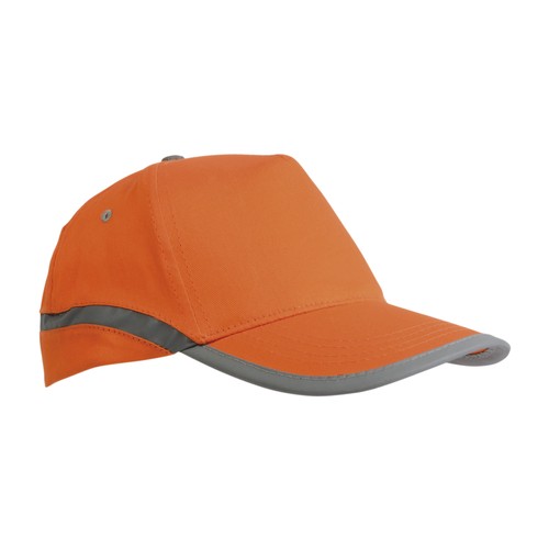 High-visibility, cotton 5-panel cap with reflective strips and adjustable velcro strap