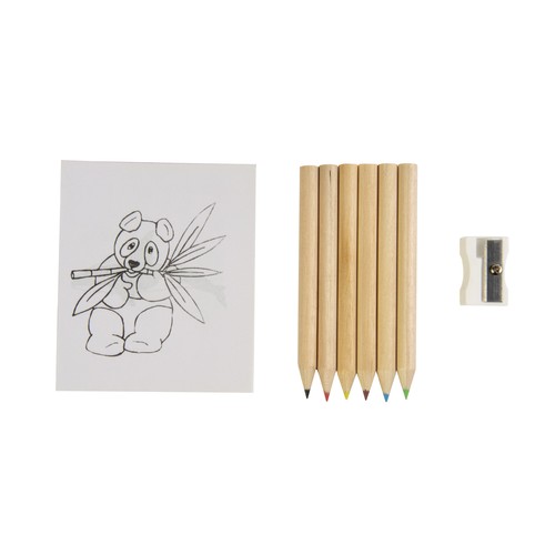 Set composé de 6 crayons en bois, taille-crayon en plastique et album, dans une boite
