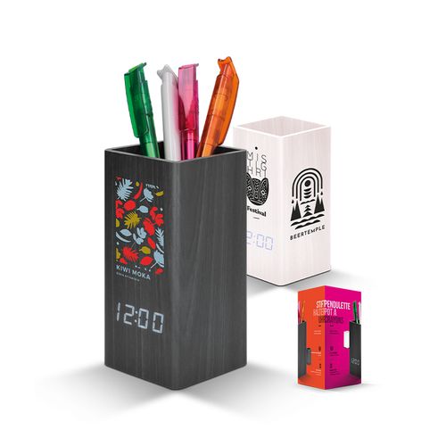 CLOCK WITH PENCILS AND THERMOMETER, OFFICE CLOCK