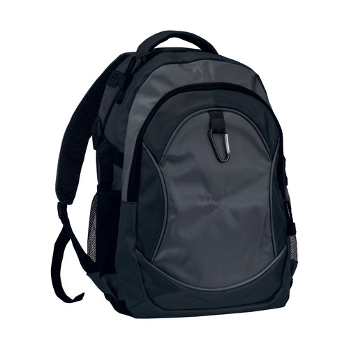 1680D polyester 4-pocket backpack (two mesh side pockets) with snap hook
