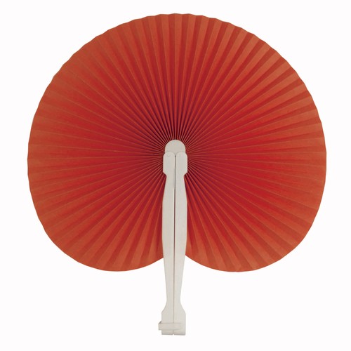 Coloured paper hand fan with white plastic handle, 26 cm long, 24 cm diameter when open