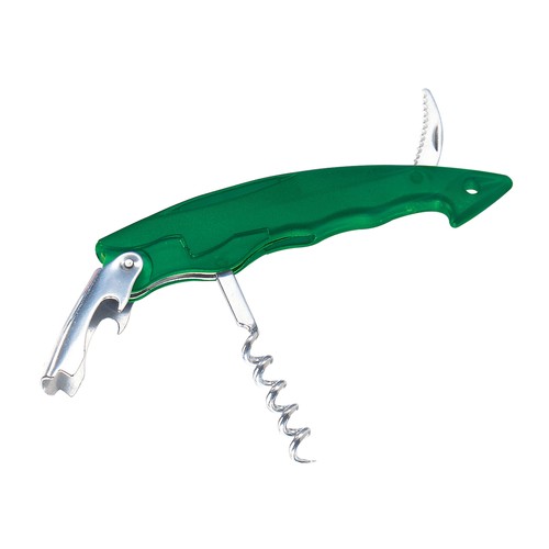 Bottle opener with corkscrew and foil cutter, transparent plastic with metal tools