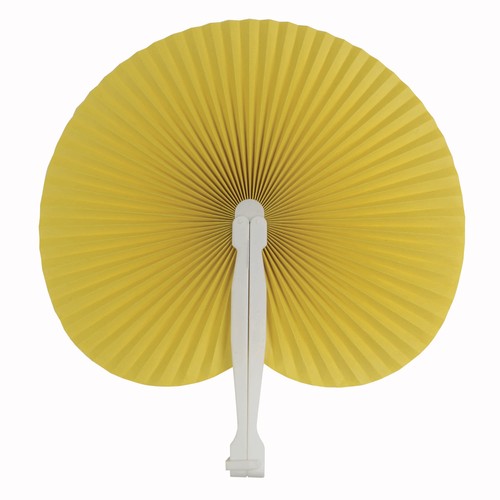 Coloured paper hand fan with white plastic handle, 26 cm long, 24 cm diameter when open