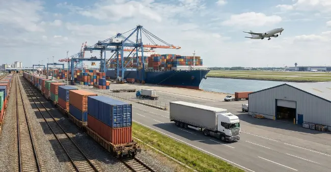 Freigestellte Collage der wichtigsten Logistik-Transportmittel: Frachtflugzeug, LKW und Containerschiff, symbolisch für flexible Werbeartikel Logistik Wege.