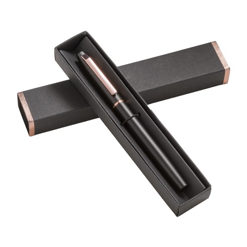 Bolígrafo de aluminio reciclado. Tinta GEL y detalles en oro rosa con estuche de cartón