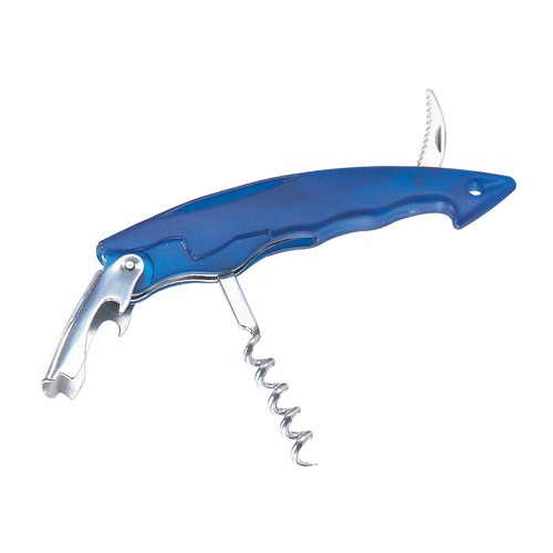 Bottle opener with corkscrew and foil cutter, transparent plastic with metal tools