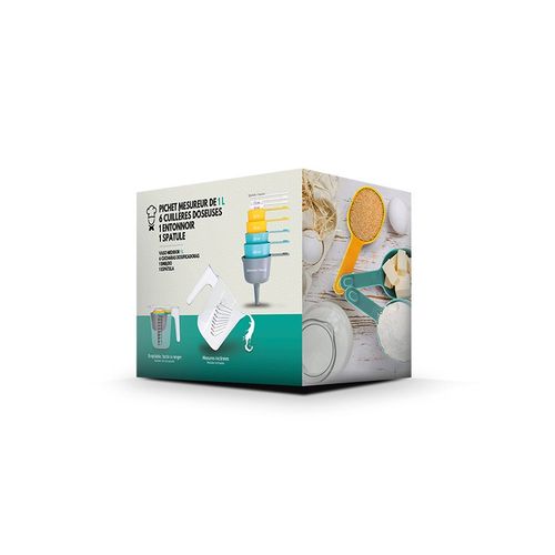 VASO MEDIDOR CON CUCHARAS DOSIFICADORAS & EMBUDO & ESPATULA