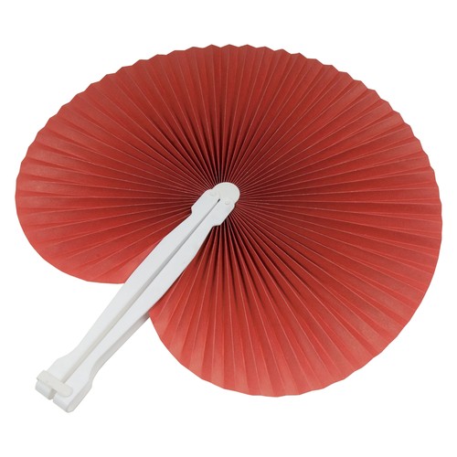 Coloured paper hand fan with white plastic handle, 26 cm long, 24 cm diameter when open