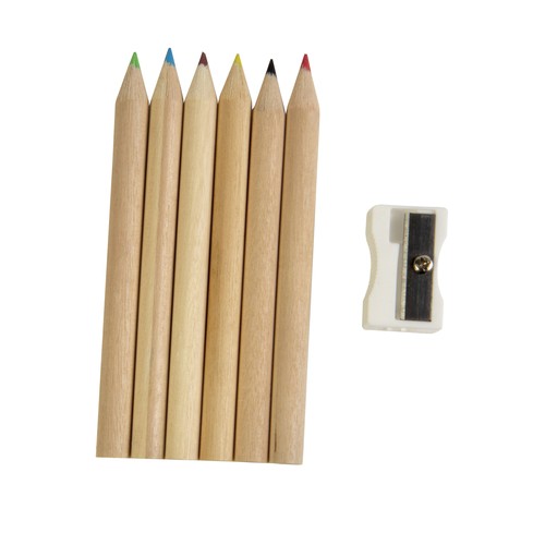 Set composé de 6 crayons en bois, taille-crayon en plastique et album, dans une boite