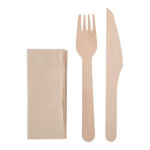 Disposable wooden cutlery set, contained in a sing Akebia