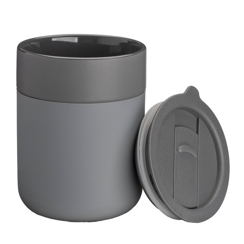 300 ml silicone-coated ceramic mug. Removable PP cap with sliding opening