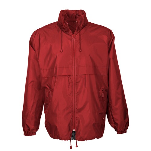 190T polyester windbreaker with fold-away hood with zip. Folds up into a waist bag