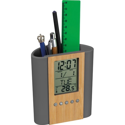 Desk pen holder with clock