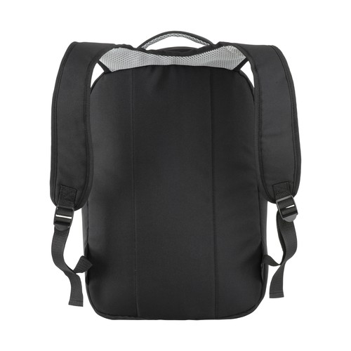 600D polyester PC backpack. Main laptop pocket and 3 front pockets. Breathable material