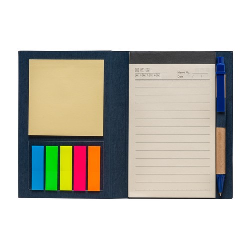 Cardboard notepad with coloured elastic, pen, ruled sheets (70 pages) and sticky notes