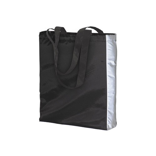 Polyester shopping bag with reflective side, long handles and gusset