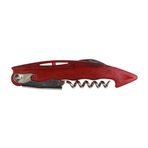 Bottle opener with corkscrew and foil cutter, transparent plastic with metal tools