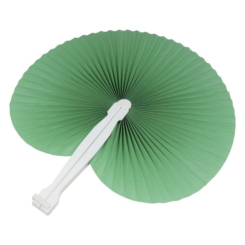 Coloured paper hand fan with white plastic handle, 26 cm long, 24 cm diameter when open
