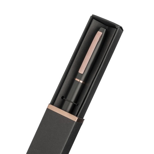 Bolígrafo de aluminio reciclado. Tinta GEL y detalles en oro rosa con estuche de cartón