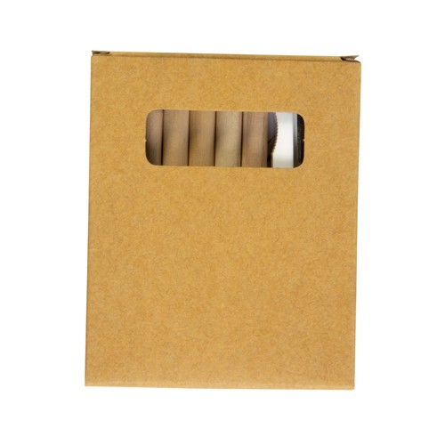 Set composé de 6 crayons en bois, taille-crayon en plastique et album, dans une boite