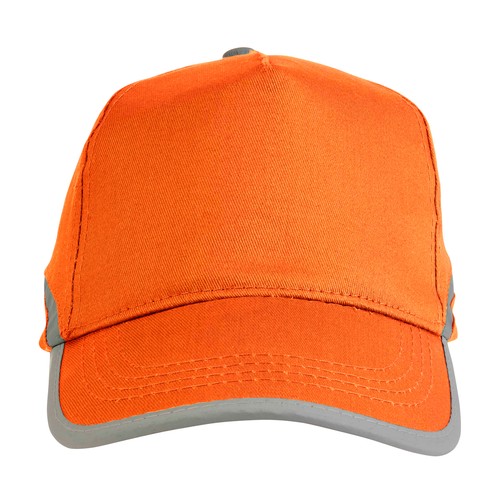 High-visibility, cotton 5-panel cap with reflective strips and adjustable velcro strap