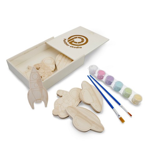 Wooden blocks set for painting, paints and 2 brushes | Priya