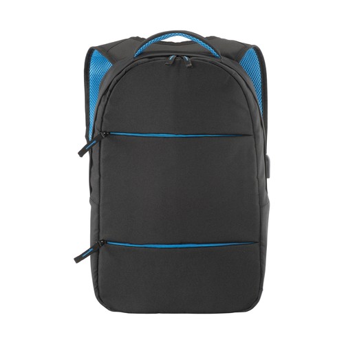 600D polyester PC backpack. Main laptop pocket and 3 front pockets. Breathable material