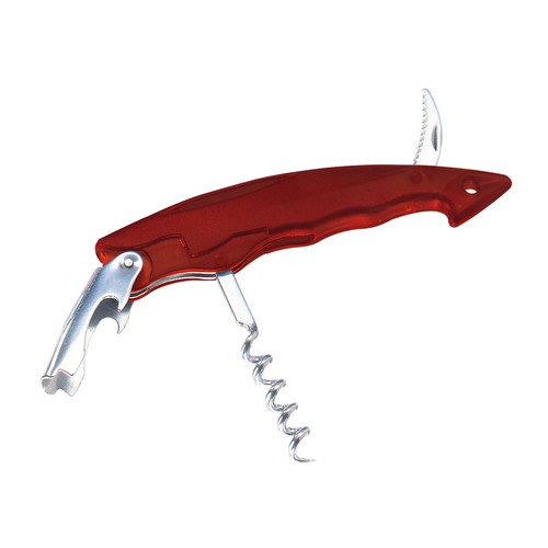 Bottle opener with corkscrew and foil cutter, transparent plastic with metal tools