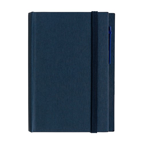 Cardboard notepad with coloured elastic, pen, ruled sheets (70 pages) and sticky notes