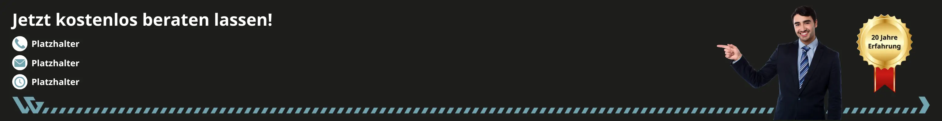 Dunkles Informations-Banner mit der Aufschrift "Jetzt kostenlos beraten lassen!", zeigt einen lächelnden Experten, der auf die Kontaktmöglichkeiten für Giveaways und das Siegel "20 Jahre Erfahrung" verweist.