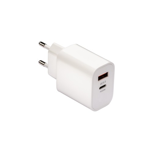 ABS USB wall charger with 1 USB A port and 1 USB-C port. With 2-pin European plug