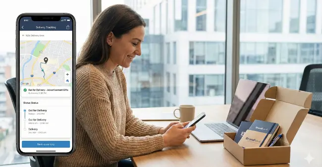 Frau blickt auf Smartphone mit Delivery-Tracking-App, zeigt die Transparenz und Live-Sendungsverfolgung in der modernen Werbeartikel Logistik.