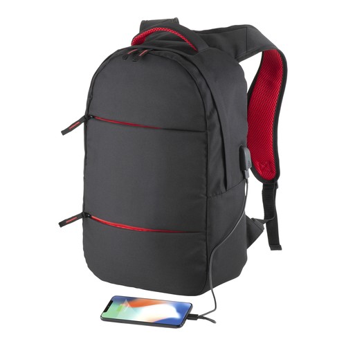 600D polyester PC backpack. Main laptop pocket and 3 front pockets. Breathable material