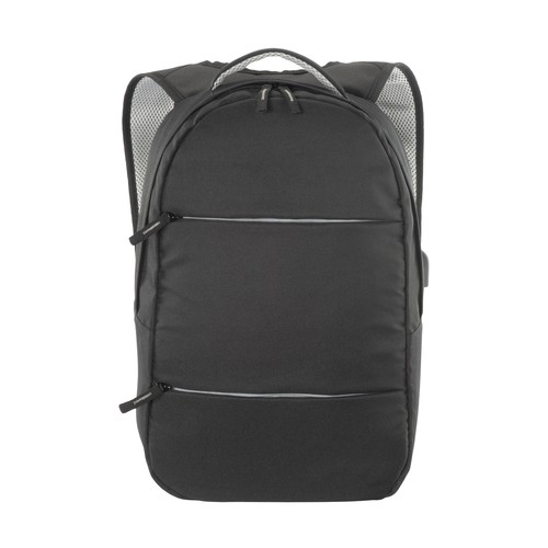 600D polyester PC backpack. Main laptop pocket and 3 front pockets. Breathable material