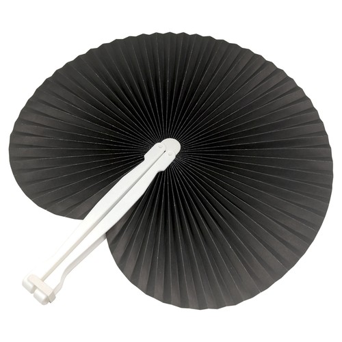 Coloured paper hand fan with white plastic handle, 26 cm long, 24 cm diameter when open
