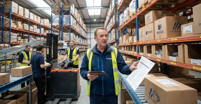 Logistik-Mitarbeiter prüft eine eingehende Bestellliste auf dem Tablet, Startschuss für die Kommissionierung und die ersten Logistik-Schritte der Werbeartikel Bestellung.