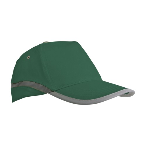 High-visibility, cotton 5-panel cap with reflective strips and adjustable velcro strap