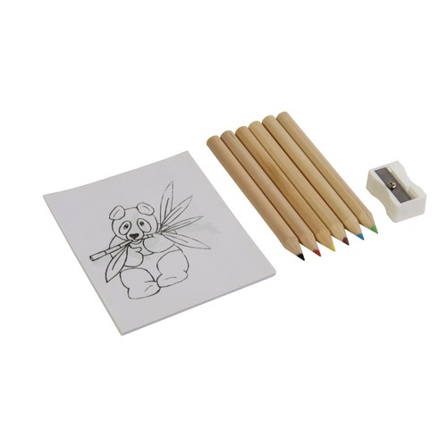 Set composé de 6 crayons en bois, taille-crayon en plastique et album, dans une boite