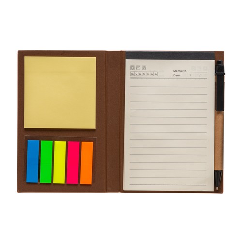 Cardboard notepad with coloured elastic, pen, ruled sheets (70 pages) and sticky notes