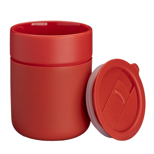 300 ml silicone-coated ceramic mug. Removable PP cap with sliding opening