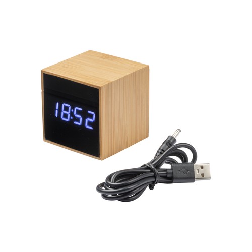 Bamboo alarm clock and temperature display with white LED