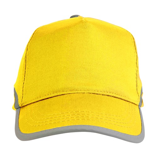 High-visibility, cotton 5-panel cap with reflective strips and adjustable velcro strap