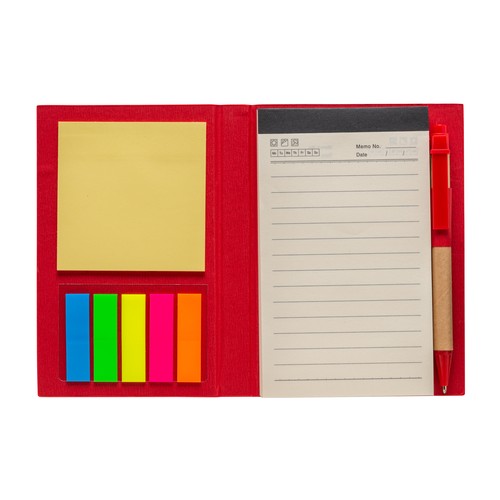 Cardboard notepad with coloured elastic, pen, ruled sheets (70 pages) and sticky notes
