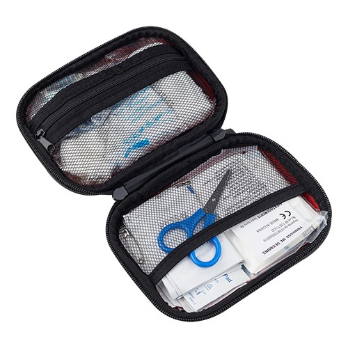 60-peice first aid kit. Contains: 1 gauze bandage, Coleo