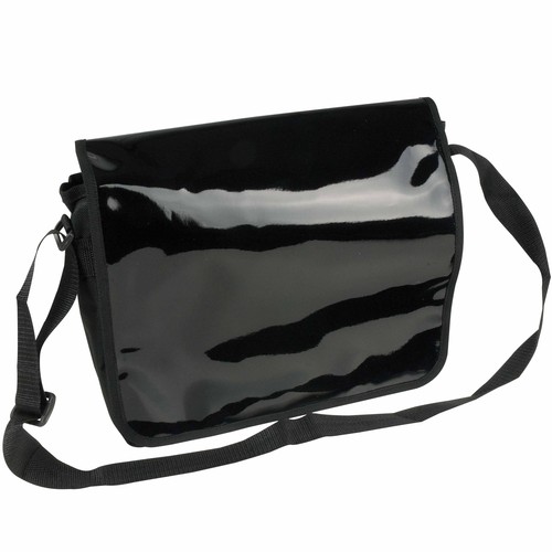 600D polyester book bag with adjustable shoulder strap and shiny PVC flap