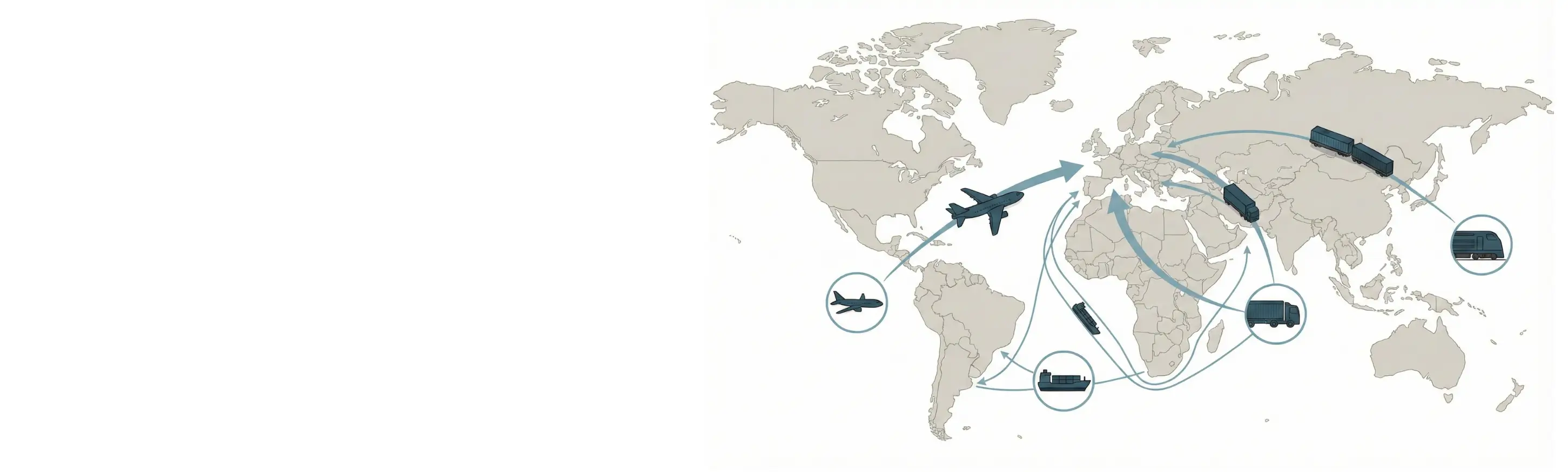 Weltkarte mit eingezeichneten Transportrouten (Flugzeug, Schiff, Bahn, LKW), visualisiert den globalen Werbeartikel Logistik Ablauf vom Import bis zur Zustellung.